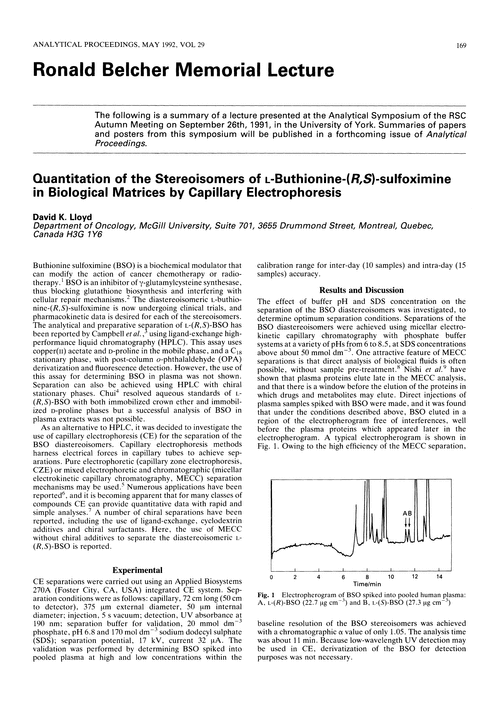 Ronald Belcher Memorial Lecture. Quantitation of the stereoisomers of L-buthionine-(R,S)-sulfoximine in biological matrices by capillary electrophoresis