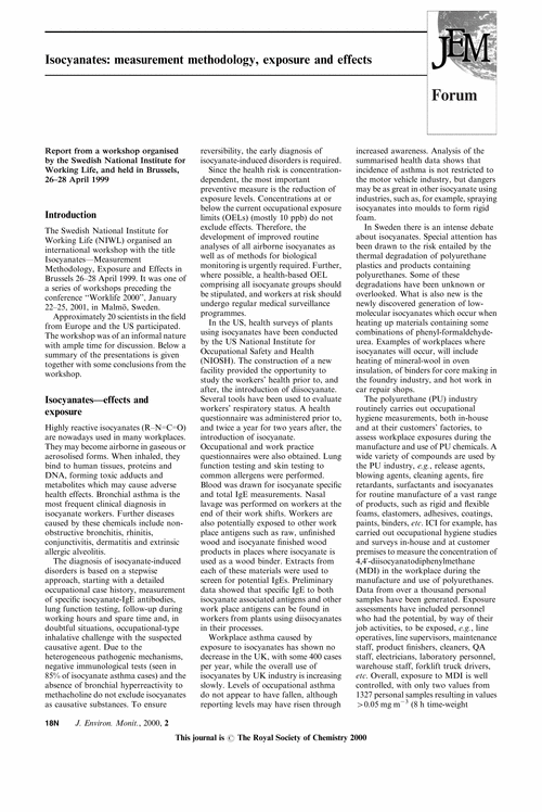 Forum Isocyanates: measurement methodology, exposure and effects Book Review:Metabolic Pathways of Agrochemicals Book Review: Environmental Impact of Power Generation