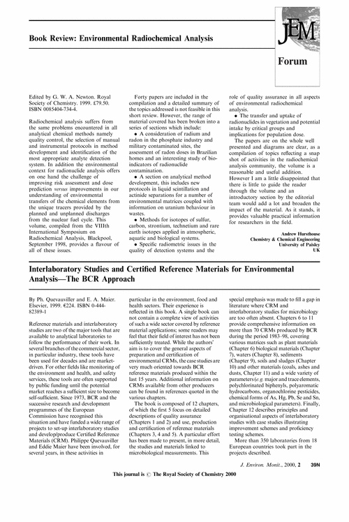 Forum Book Review: Environmental Radiochemical Analysis; Interlaboratory Studies and Certified Reference Materials for Environmental Analysis—The BCR Approach