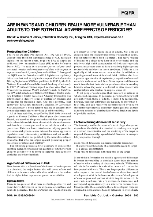 Are infants and children really more vulnerable than adults to the potential adverse effects of pesticides?