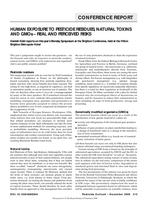 Human exposure to pesticide residues, natural toxins and GMOs - real and perceived risks