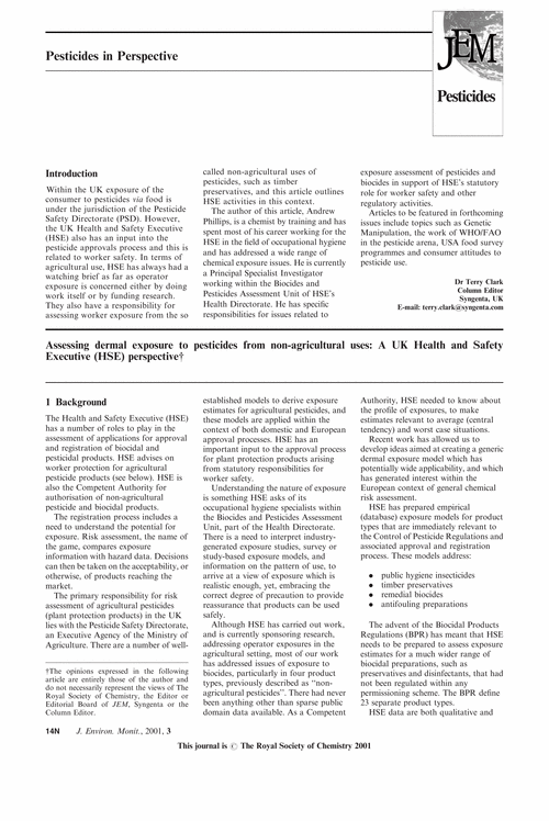 Pesticides in Perspective. Assesing dermal exposure to pesticides from non-agricultural uses: A UK Health and Safety Executive (HSE) perspective