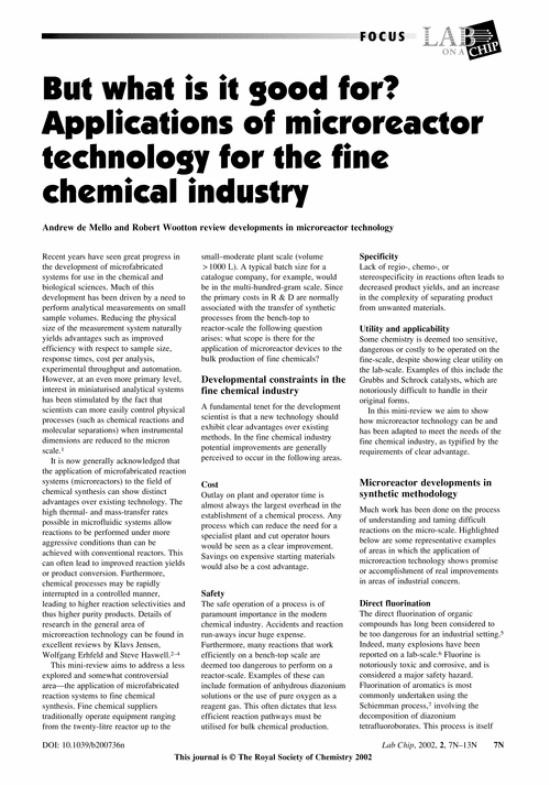 FOCUS But what is it good for? Applications of microreactor technology for the fine chemical industry