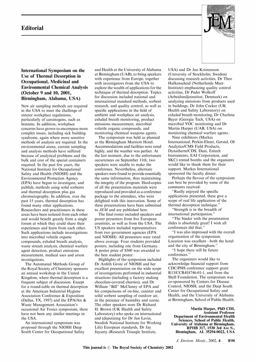 International Symposium on the Use of Thermal Desorption in Occupational, Medicinal and Environmental Chemical Analysis (October 9 and 10, 2001, Birmingham, Alabama, USA)