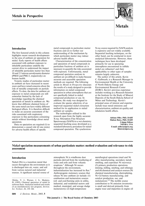 Metals in Perspective Nickel speciation measurements of urban particulate matter: method evaluation and relevance to risk assessment