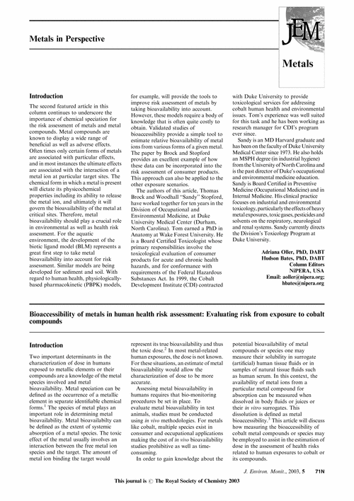 Metals in Perspective Bioaccessibility of metals in human health risk assessment: Evaluating risk from exposure to cobalt compounds