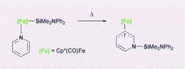 Graphical abstract: Insertion of pyridine into an iron–silicon bond: structure of the product Cp*(CO)Fe{η3(C,C,C)-C5H5NSiMe2NPh2}