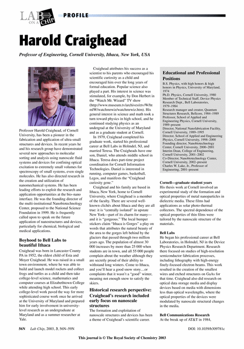 Profile Harold Craighead Professor of Engineering, Cornell University, Ithaca, New York, USA