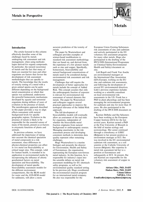 Metals in Perspective Environmental risk assessment of metals for international chemicals safety programs: a recent and fast growing area of regulatory development, requiring new science concepts