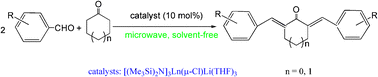 Graphical abstract: A solvent-free synthesis of α,α′-bis(substituted benzylidene) cycloalkanones catalyzed by lanthanide amides [(Me3Si)2N]3Ln(μ-Cl)Li(THF)3 under microwave irradiation