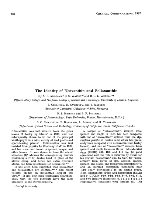 The identity of neoxanthin and foliaxanthin