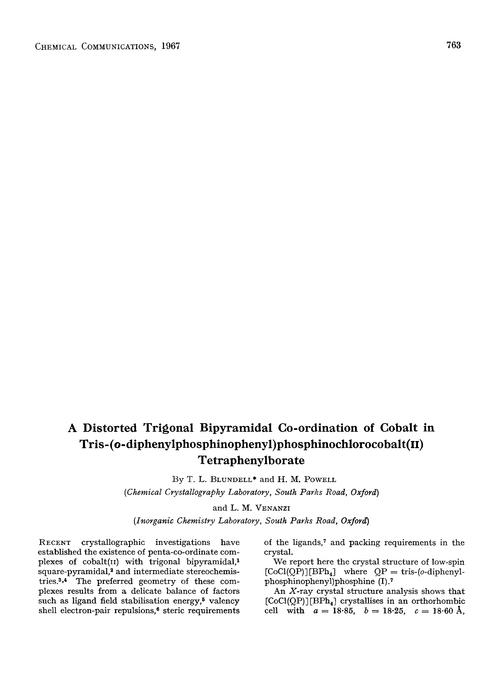 A distorted trigonal bipyramidal co-ordination of cobalt in tris-(o-diphenylphosphinophenyl)phosphinochlorocobalt(II) tetraphenylborate