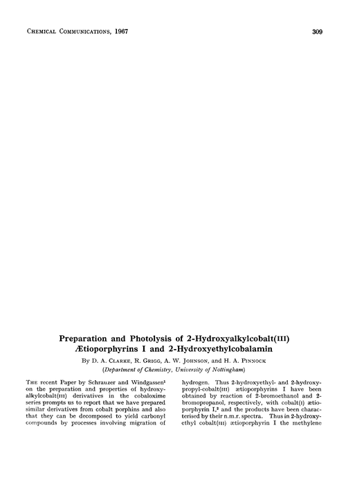 Preparation and photolysis of 2-hydroxyalkylcobalt(III)ætioporphyrins I and 2-hydroxyethylcobalamin