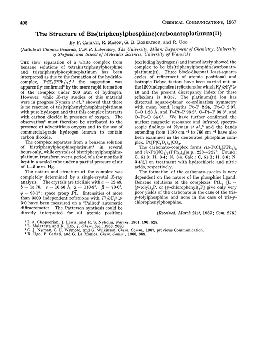 The structure of bis(triphenylphosphine)carbonatoplatinum(II)