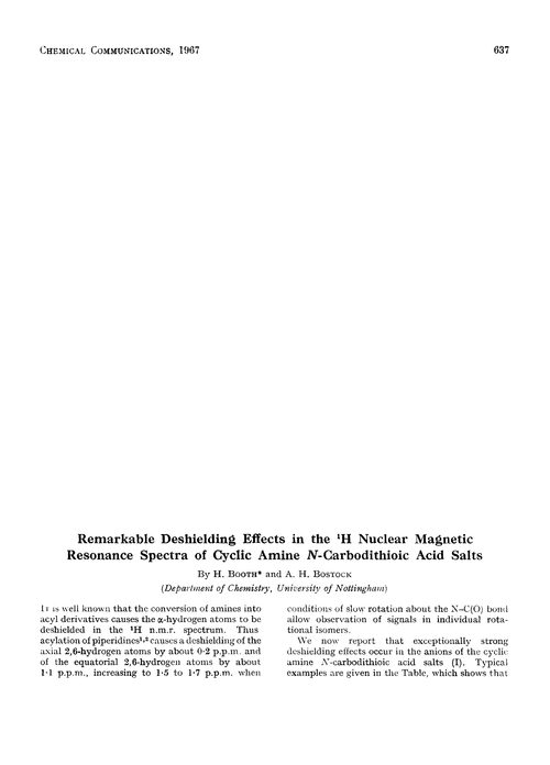 Remarkable deshielding effects in the 1H nuclear magnetic resonance spectra of cyclic amine N-carbodithioic acid salts