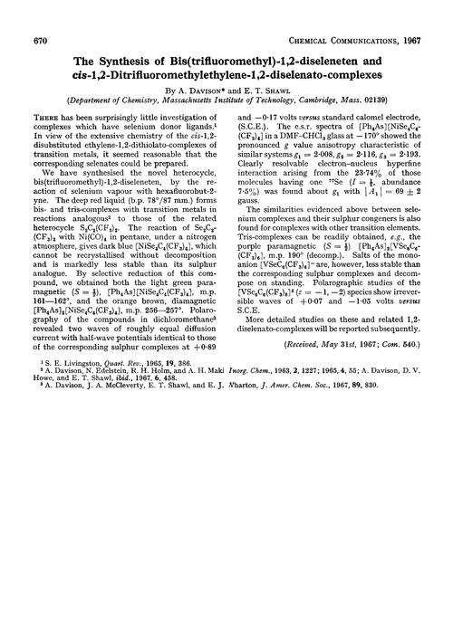 The synthesis of bis(trifluoromethyl)-1,2-diselenten and cis-1,2-ditrifluoromethylethylene-1,2-diselenato-complexes