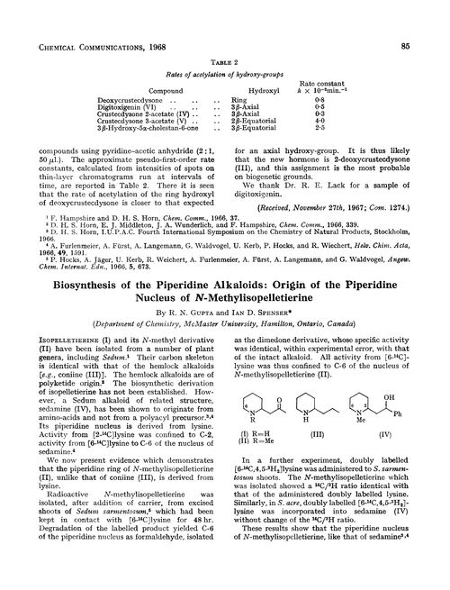 Biosynthesis of the piperidine alkaloids: origin of the piperidine nucleus of N-methylisopelletierine