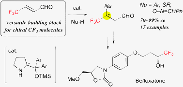 Graphical abstract: Practical synthesis of 4,4,4-trifluorocrotonaldehyde: a versatile precursor for the enantioselective formation of trifluoromethylated stereogenic centers via organocatalytic 1,4-additions