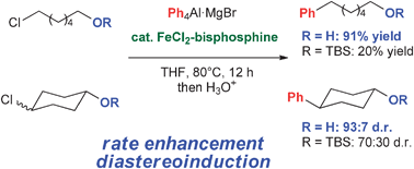 Graphical abstract: Iron-catalysed cross-coupling of halohydrins with aryl aluminium reagents: a protecting-group-free strategy attaining remarkable rate enhancement and diastereoinduction