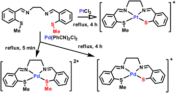 Graphical abstract: Reaction time dependent formation of Pd(ii) and Pt(ii) complexes of bis(methyl)thiasalen podand