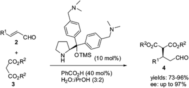 Graphical abstract: Highly enantioselective and recyclable organocatalytic Michael addition of malonates to α,β-unsaturated aldehydes in aqueous media