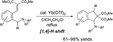 Graphical abstract: Expeditious synthesis of 1-aminoindane derivatives achieved by [1,4]-hydride shift mediated C(sp3)–H bond functionalization