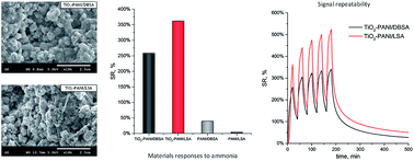 Graphical abstract: Ammonia/amine electronic gas sensors based on hybrid polyaniline–TiO2 nanocomposites. The effects of titania and the surface active doping acid