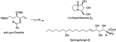 Graphical abstract: Chirality extension of an oxazine building block en route to total syntheses of (+)-hyacinthacine A2 and sphingofungin B