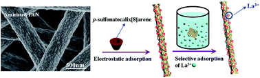 Graphical abstract: Micro-nano structure nanofibrous p-sulfonatocalix[8]arene complex membranes for highly efficient and selective adsorption of lanthanum(iii) ions in aqueous solution