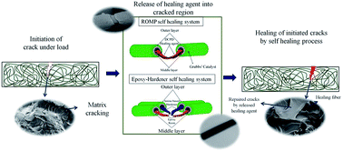 Graphical abstract: Repeated self-healing of nano and micro scale cracks in epoxy based composites by tri-axial electrospun fibers including different healing agents