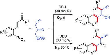 Graphical abstract: Organocatalyzed aerobic oxidative Robinson-type annulation of 2-isocyanochalcones: expedient synthesis of phenanthridines