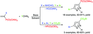 Graphical abstract: Base mediated 1,3-dipolar cycloaddition of α-substituted vinyl phosphonates with diazo compounds for synthesis of 3-pyrazolylphosphonates and 5-pyrazolcarboxylates