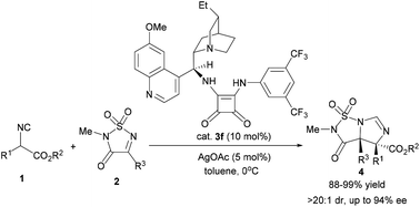 Graphical abstract: Diastereo- and enantioselective Mannich/cyclization cascade reaction of isocyanoacetates with cyclic sulfamide ketimines by cinchona alkaloid squaramide/AgOAc cooperative catalysis