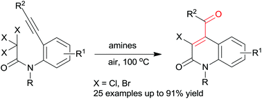 Graphical abstract: Organic amine-mediated free-radical carbocyclization reactions of 2,2,2-trihalogeno-substituted N-(2-alkynylphenyl)acetamides