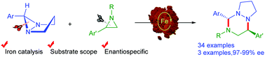 Graphical abstract: Expedient iron-catalyzed stereospecific synthesis of triazines via cycloaddition of aziridines with diaziridines