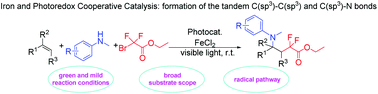 Graphical abstract: Three-component difluoroalkylamination of alkenes mediated by photoredox and iron cooperative catalysis