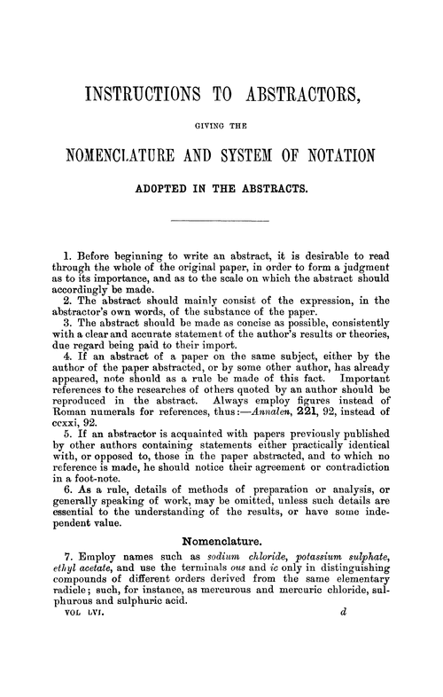 Instructions to abstractors, giving the nomenclature and system of notation, adopted in the abstracts