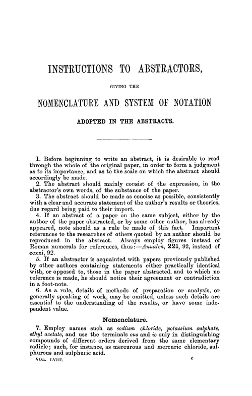 Instructions to abstractors, giving the nomenclature and system of notation, adopted in the abstracts