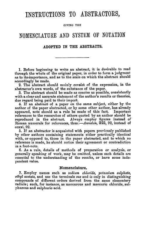 Instructions to abstractors, giving the nomenclature and system of notation, adopted in the abstracts