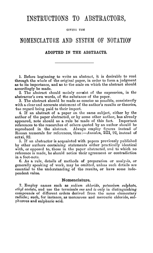 Instructions to abstractors, giving the nomenclature and system of notation, adopted in the abstracts