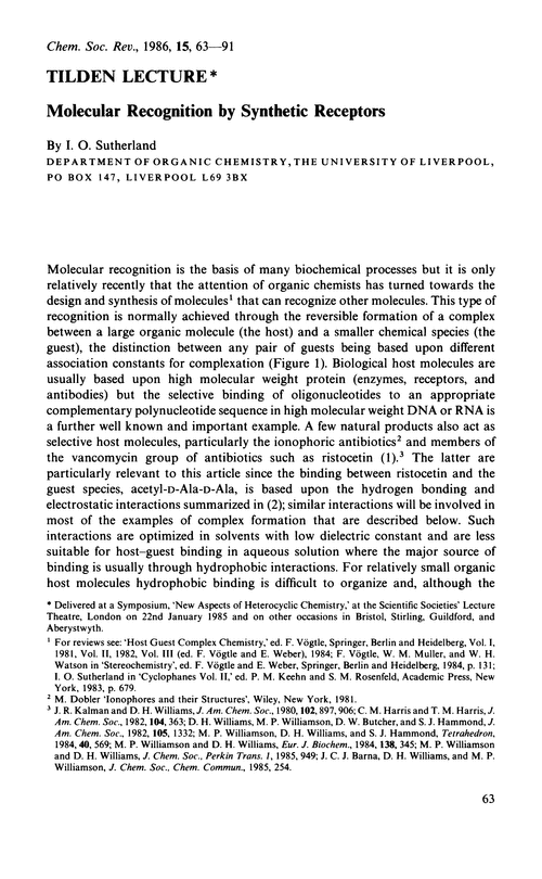 Tilden Lecture. Molecular recognition by synthetic receptors