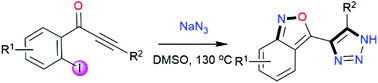 Graphical abstract: Metal-free tandem reactions of 2-iodoaryl ynones with sodium azide for the synthesis of benzoisoxazole containing 1,2,3-triazoles