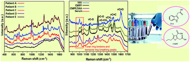 Graphical abstract: A surface-enhanced Raman scattering-based approach for rapid and highly sensitive quantitative analysis of 3-carboxy-4-methyl-5-propyl-2-furanpropionate and indole-3-acetic acid in saline, human serum and uremic serum of patients with chronic kidney disease