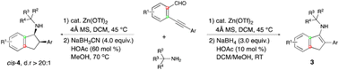 Graphical abstract: Synthesis of 3-aminoindenes and cis-1-aminoindanes by Zn(OTf)2-catalyzed cyclization of o-alkynylbenzaldehydes with tertiary alkyl primary amines