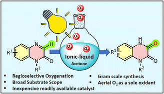 Graphical abstract: Ionic liquid-catalysed regioselective oxygenation of quinoxalin-2(1H)-ones under visible-light conditions