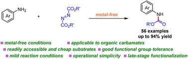 Graphical abstract: Direct access to carbamates via acylation of arylamines with dialkyl azodicarboxylates under metal-free conditions