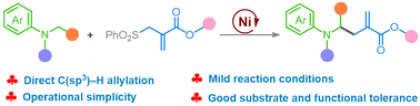 Graphical abstract: Nickel-catalyzed mild synthesis of functional γ-amino butyric acid esters via direct α-C(sp3)–H allylation of N-alkyl anilines with allyl sulfones