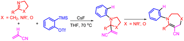 Graphical abstract: A novel three-component coupling reaction of aryne, C [[double bond, length as m-dash]] N derivatives, and acrylonitrile