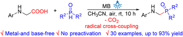 Graphical abstract: Photocatalytic decarboxylative phosphorylation of N-aryl glycines