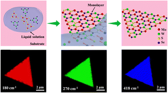 Graphical abstract: Synthesis of component-controllable monolayer MoxW(1−x)S2ySe2(1−y) alloys with continuously tunable band gap and carrier type